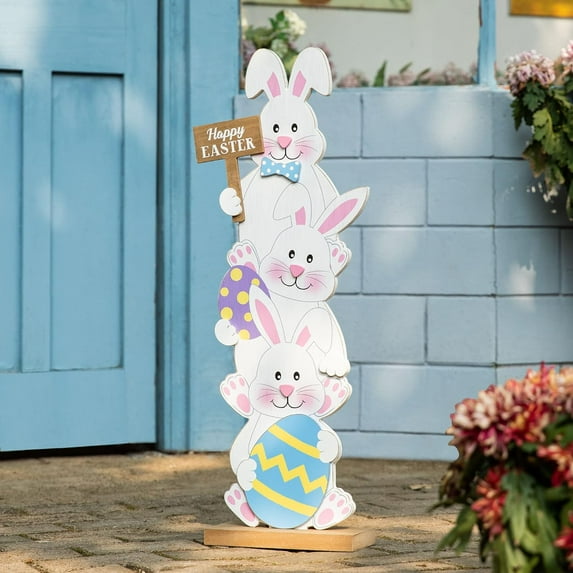30''H Easter Wooden Bunny Porch Decor, Standing Bunny Sign Decoration for Home or Yard