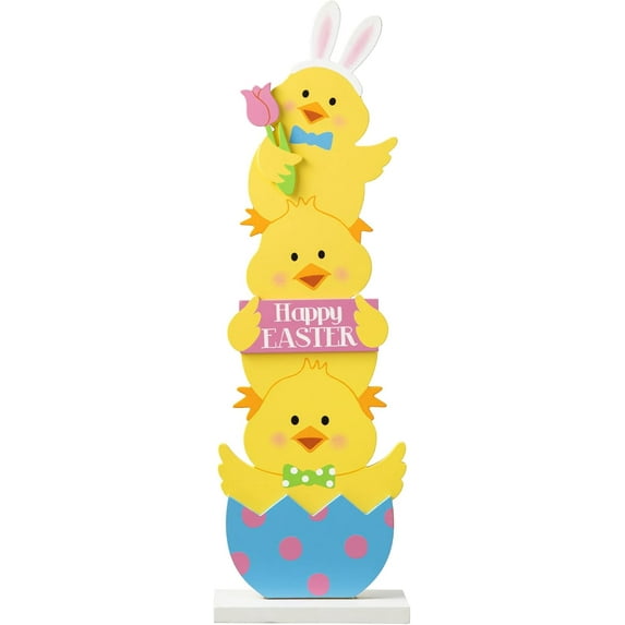 30"H Easter Wooden Chicks Porch Decor, Happy Easter Stacked Welcome Sign Egg Decoration for Home or Yard