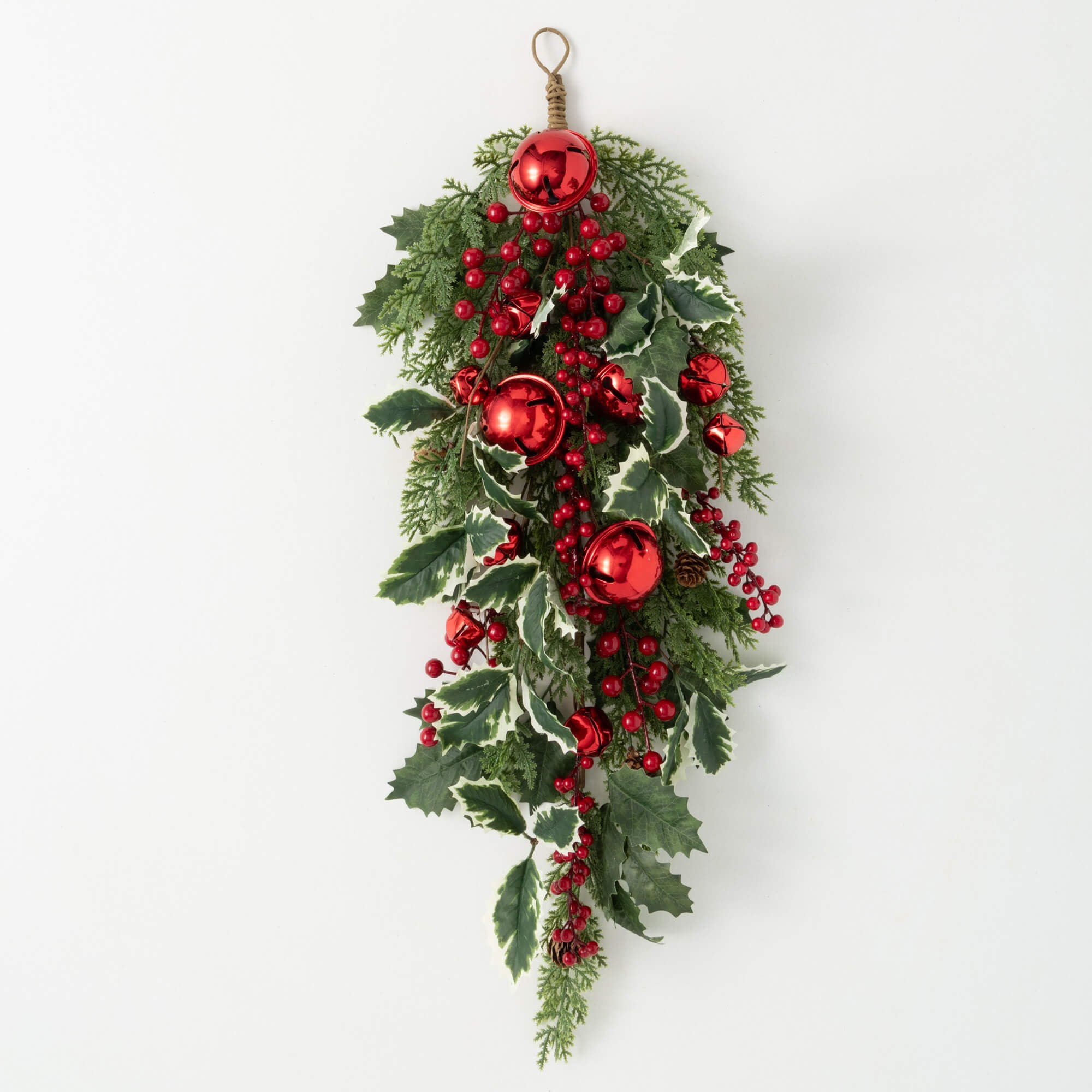 30"H Sullivans Artificial Jingle Bell Holly Pine Christmas Swag, Green-Red
