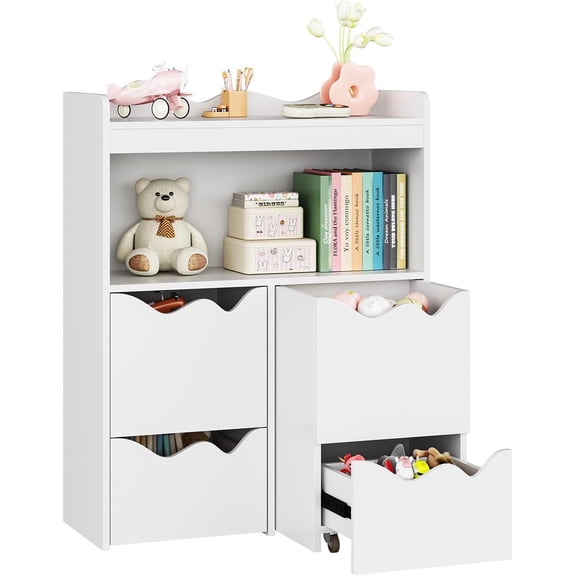 30" H Toy Storage Organizer, Bookcase with 1 Display Shelf & Open Cube & 2 Movable Cabinets & 2 Drawers, Bookshelf with Toy Storage Cabinet for Playroom Storage(White)