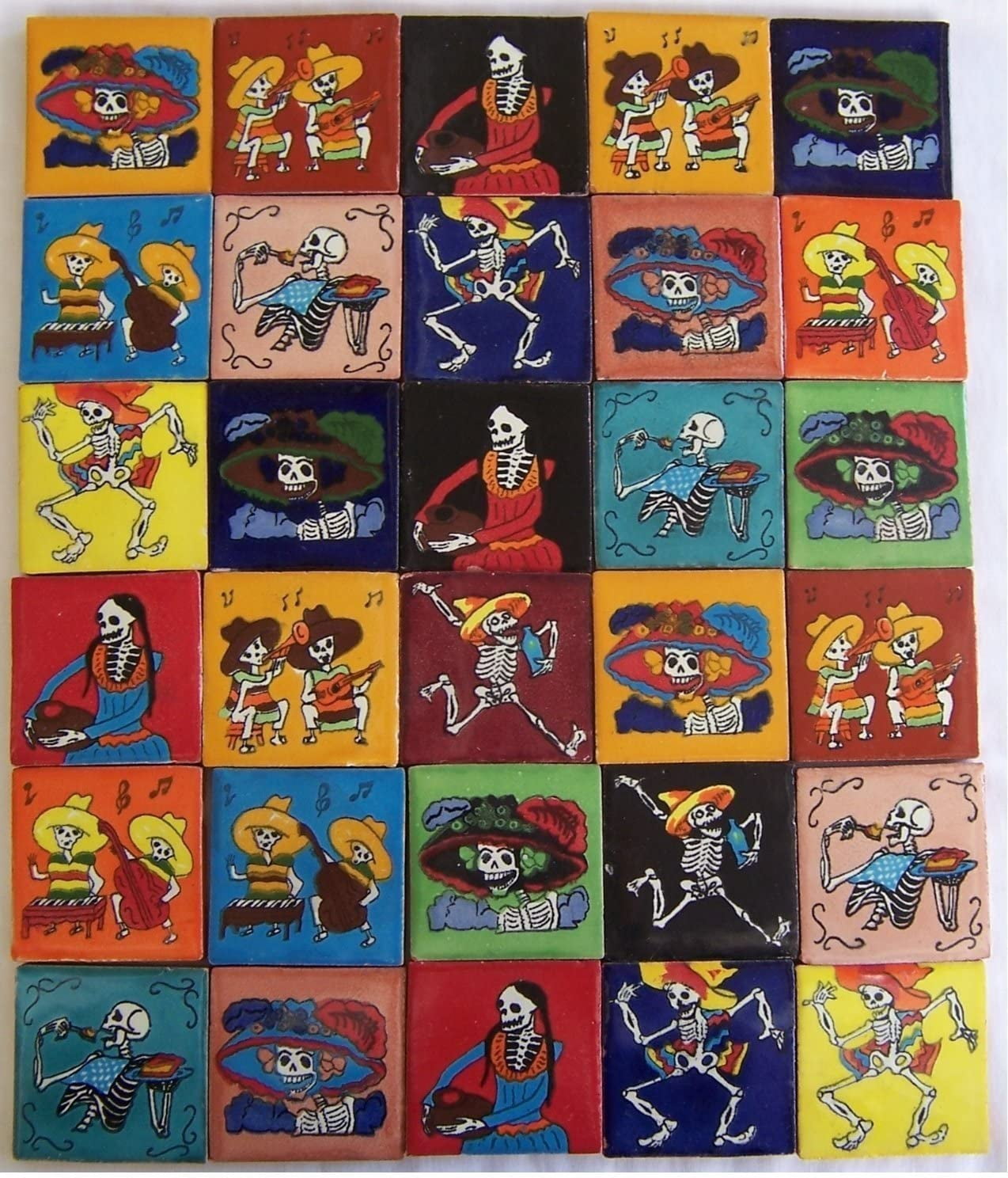 30 Hand Painted Day Of The Dead Talavera Tiles - 2x2 Inch Mexican Art Tiles