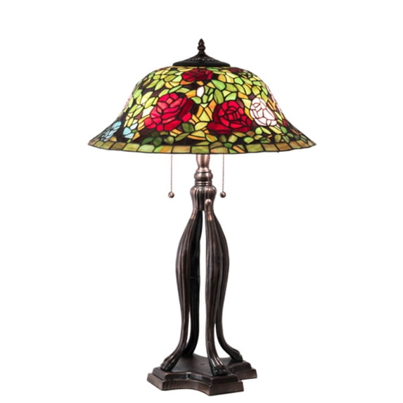Meyda Tiffany 228817 30 Inch High Tiffany Rosebush Table Lamp Mahogany Bronze Finish With Ruby/Pink/Green Glass