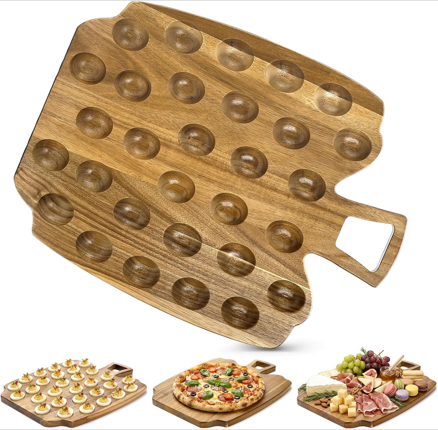 30 Holes Acacia Wood Deviled Egg Platter, Deviled Egg Tray Holder with Handle, Reversible Apple-Shaped Cheese Board, Serving Tray Carrier for Kitchen , Easter, 13 x