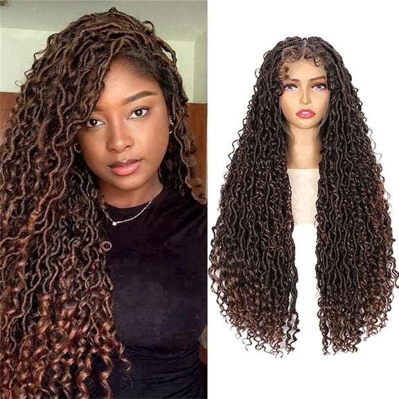 30" Ombre Brown Curly Faux Locs Braided Wig, Synthetic Full Lace Glueless Wig For Black Women