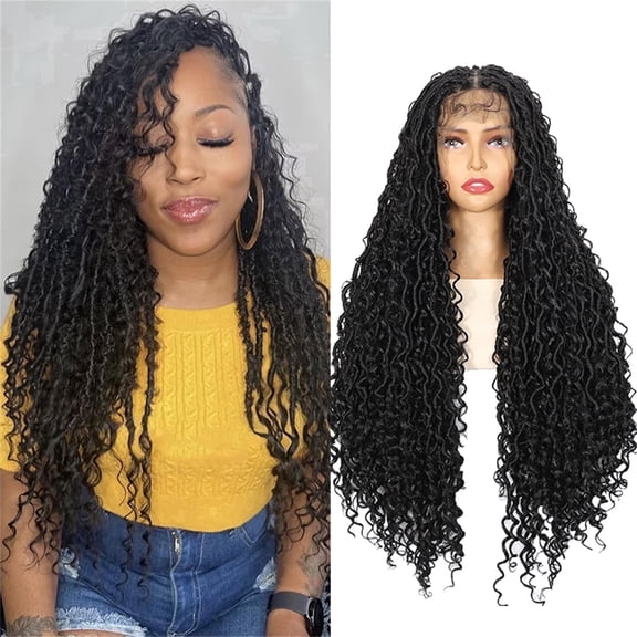 More Beautiful 30 in Black Synthetic Knotless Goddess Locs Boho Box Braid with Curly Ends Baby Hair for Women