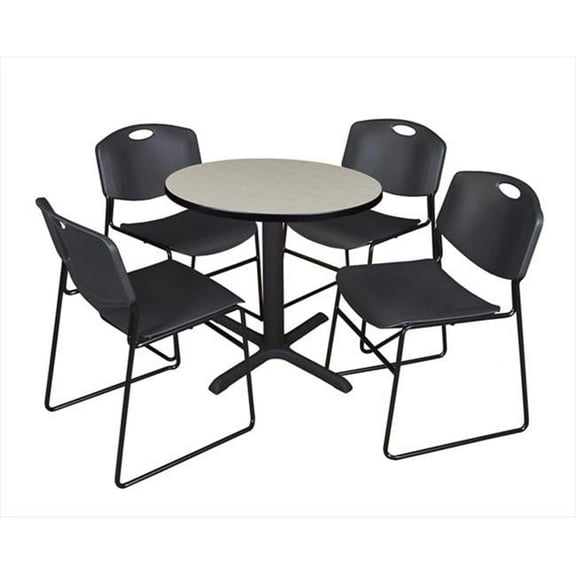 30 In. Round Laminate Table- Maple & Cain Base With 4 Black Zeng Stack Chairs