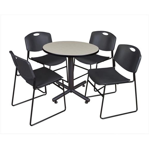 30 In. Round Laminate Table, Maple & Kobe Base With 4 Zeng Stacker Chairs, Black