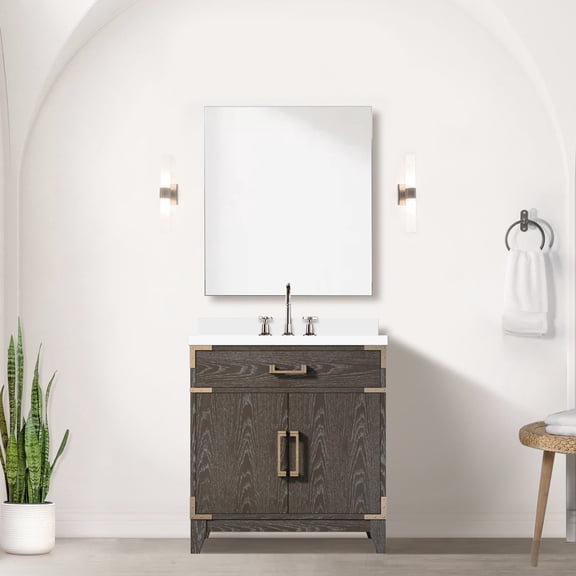 30 In. W X 22 D Brown Oak Bath Console, White Quartz Top, Faucet, Soft Close Space Shelf Storage 30"x22" Vanity Unit, Compartment