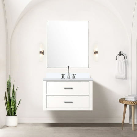 30 In. W X 22 D White Vanity , Cultured Marble Top, Faucet, 28 Mirror Bath D, With Countertop, 28"