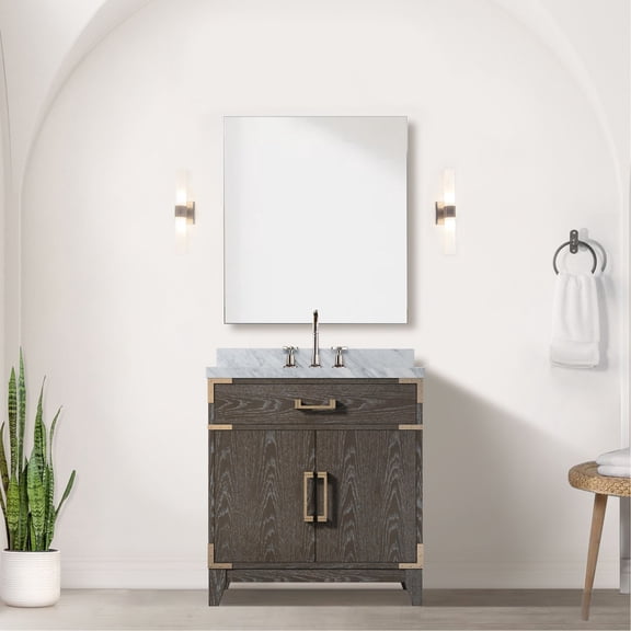 30 In. X 22 Brown Oak Bath Cabinet, Marble Top & Faucet, Soft Close, Rich Storage Options 30"w 22"d Vanity, Counter, Generous Facilities