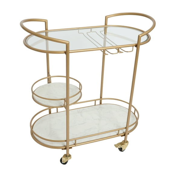 30 Inch 3 Tier Bar Cart with Matte Gold Metal Frame White Marble & Glass Shelve