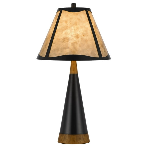 30 Inch 3 Way Table Lamp, Beige Mica Shade, Rubberwood and Black Metal Body