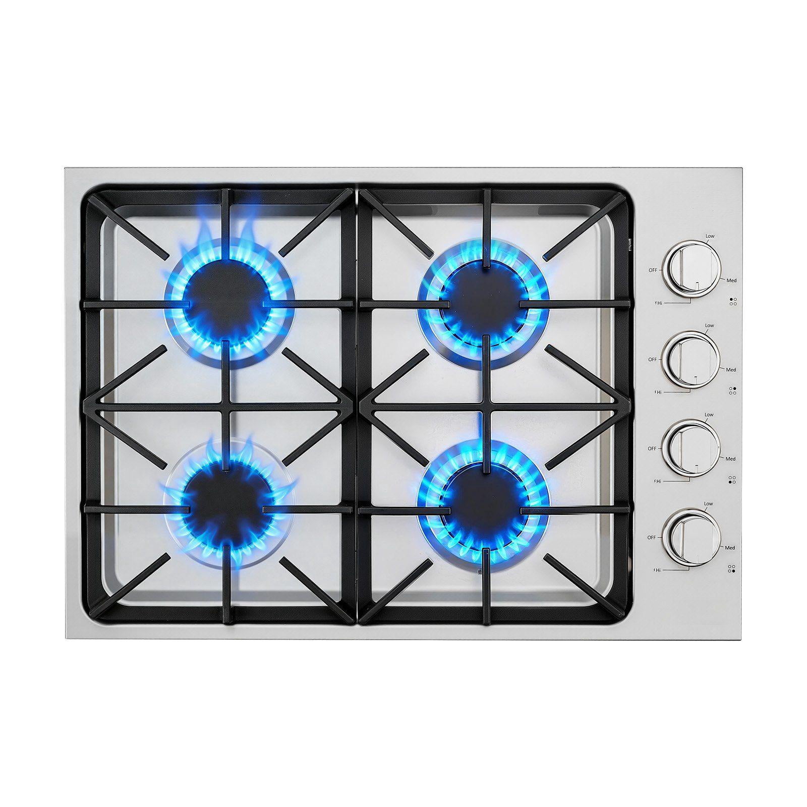 30 Inch 4 Burner Gas Cooktop 48000 BTU Stainless Steel Built In LPG NG Convertible Dual Fuel Sealed Burner Stove Top for Sear Stew Boil Stir Fry