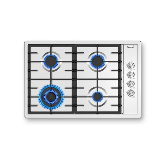 30-Inch 4 Burner Gas Cooktop Stove Top, Built-In Gas Stove, 304 Stainless Steel Panel, NG & LPG Convertible, Compact Cooking Stove for Apartment, Indoor