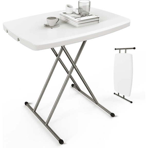 30-Inch Adjustable-Height Folding Table Portable White HDPE Top with Steel Frame; Multi-Level Height Adjustment; Versatile Small Table Suitable for Office/Laptop Use, Picnics, Camping, and Home.