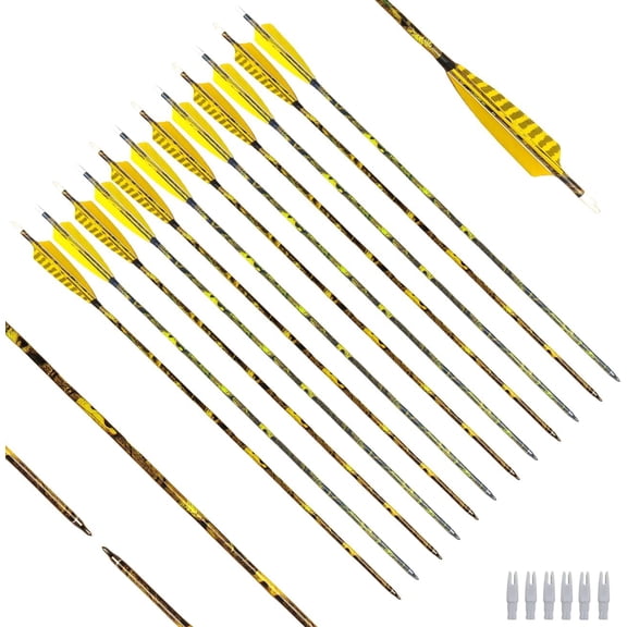 30 Inch Archery Carbon Arrows Practice Target Hunting Arrow Fletched Spine 500 with Removable Screw-in Field Points Tips for Compound & Recurve Bow Yellow, 12 Pack