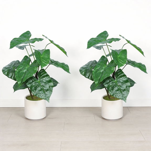 30 Inch Artificial Tropical Alocasia Leaf Tree in Plastic Pot for Modern Decor with Easy Assembly and No