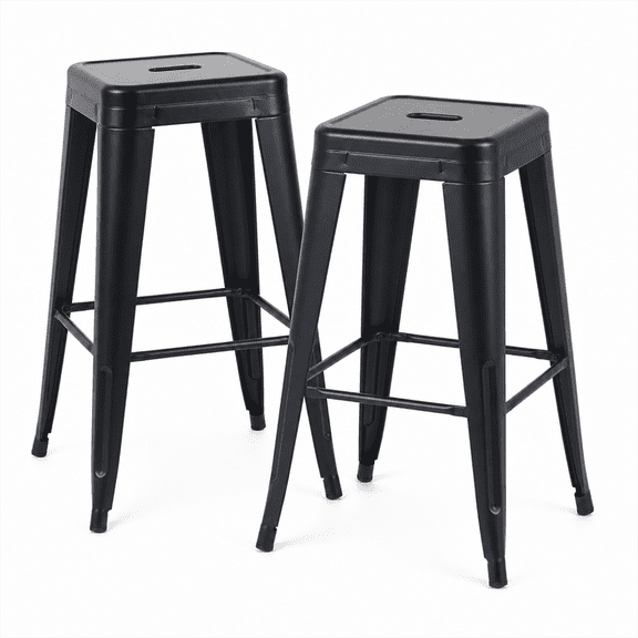 30 Inch Backless Metal Bar Stools, Set of 2, Matte Black, Carry Hole and Four-Sided Footrest
