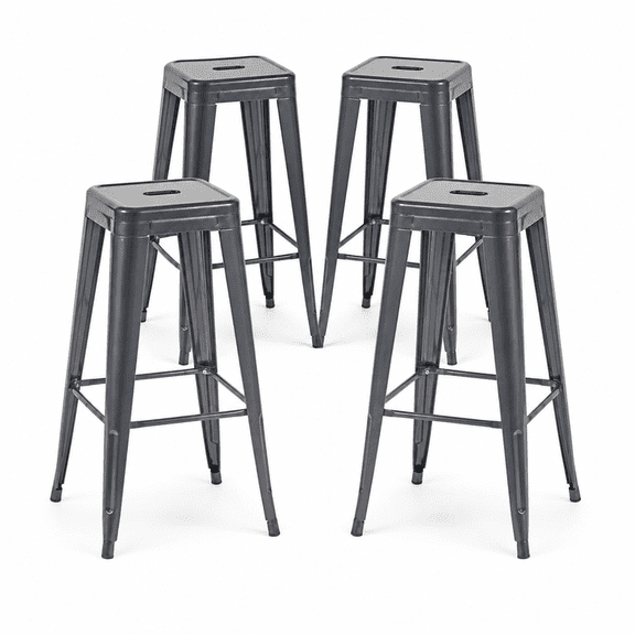 30 Inch Backless Metal Bar Stools, Set of 4, Gray, Carry Hole and Four-Sided Footrest
