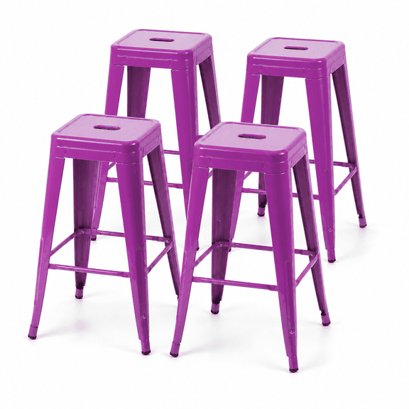 30 Inch Backless Metal Bar Stools, Set of 4, Purple, Carry Hole and Four-Sided Footrest