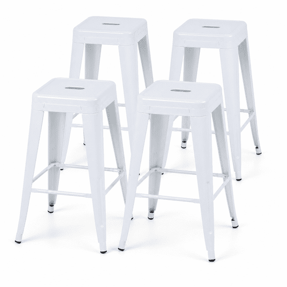 30 Inch Backless Metal Bar Stools, Set of 4, White, Carry Hole and Four-Sided Footrest