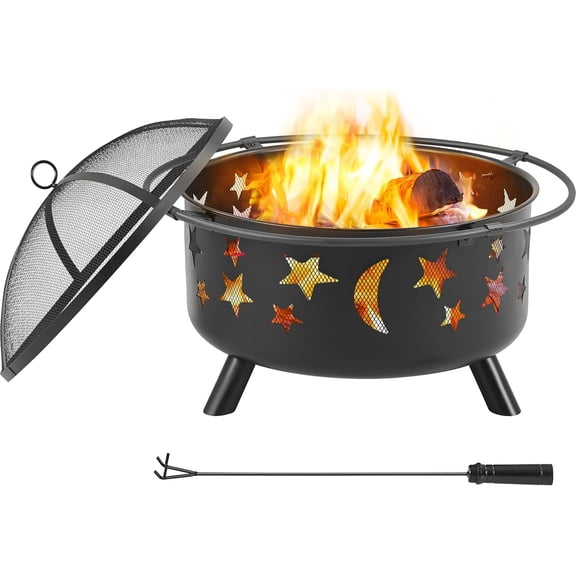30 Inch Backyard Fire Pit Iron Brazier Wood Burning Coal with Sky Stars and Moons Pit Fire Bowl Stove for Outside Camping Patio Garden Black