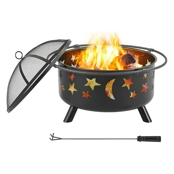 30 Inch Backyard Iron Brazier Wood Burning Coal with Sky Stars and Moons Pit Fire Bowl Stove for Outside Camping Patio Garden Black