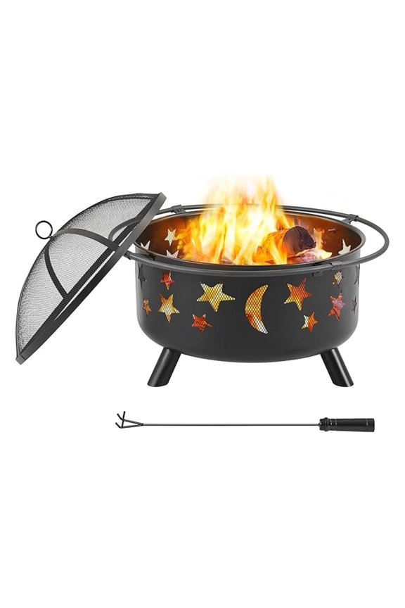 30 Inch Backyard Iron Brazier Wood Burning Coal with Sky Stars and Moons Pit Fire Bowl Stove for Outside Camping Patio Garden Black