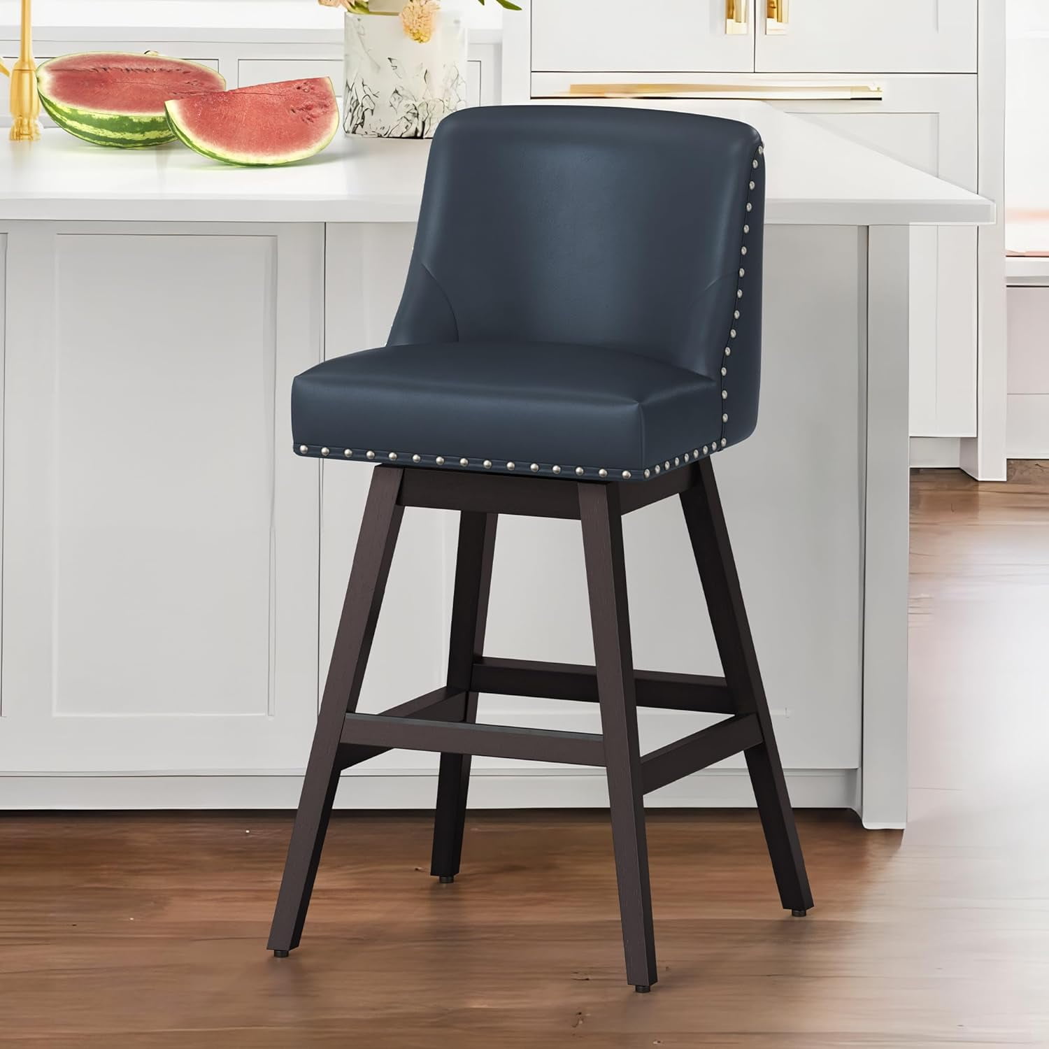 30 Inch Bar Stools, Navy Blue Swivel Counter Stools with Back, Faux