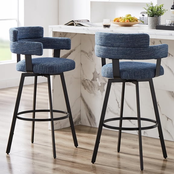 30 Inch Bar Stools Set of 2 with Full Back, Swivel Bar Chairs with Linen Padded Back, Metal Footrest, Modern Bar Height Stools for Kitchen Island, Dining, Living Room, Blue
