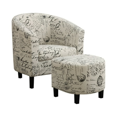 30 Inch Barrel Accent Chair with Half Oval Ottoman Off White French Script