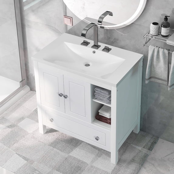 30 Inch Bathroom Vanity Cabinet with Sink Combo, Free Standing Bathroom Vanity Set in White Finish, Bathroom Vanity Cabinet with 2 Doors, Drawer and Shelves Undermount Ceramic Sink, Solid Wood Frame