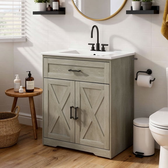 30 Inch Bathroom Vanity with Ceramic Sink, Freestanding Bathroom Sink Cabinet with Fluted Doors, 2 Doors and 1 Drawer, Adjustable Shelf, Farmhouse Bathroom Storage Combo, Grey