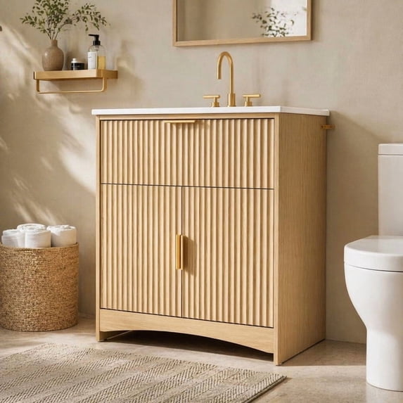 30 Inch Bathroom Vanity with Ceramic Sink, Freestanding Bathroom Sink Cabinet with Fluted Doors, 2 Doors and 1 Drawer, Adjustable Shelf, Modern Bathroom Storage Combo, Natural Oak