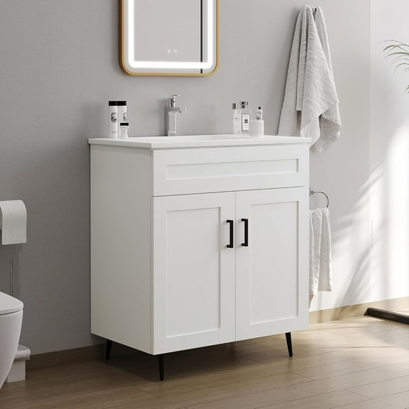30 Inch Bathroom Vanity with Ceramic Sink, Modern Double Door Wood Storage Cabinet with Metal Legs, Freestanding Vanity Sink Cabinet for Small Bathrooms White