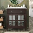 thumbnail image 1 of 30 Inch Bathroom Vanity with Ceramic Sink, Modern Freestanding Vanity with Adjustable Shelf, Tip-Out Tray, Solid Wood Legs for Small Bathroom Storage, Dark Brown, 1 of 20