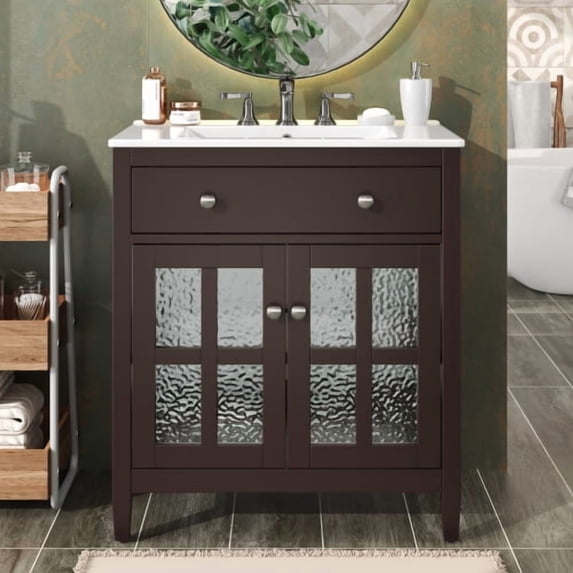 30 Inch Bathroom Vanity with Ceramic Sink, Modern Freestanding Vanity with Adjustable Shelf, Tip-Out Tray, Solid Wood Legs for Small Bathroom Storage, Dark Brown