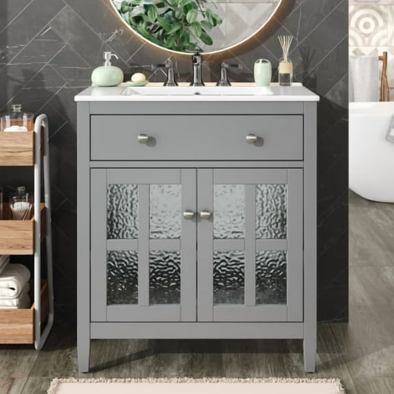 30 Inch Bathroom Vanity with Ceramic Sink, Modern Freestanding Vanity with Adjustable Shelf, Tip-Out Tray, Solid Wood Legs for Small Bathroom Storage, Gray