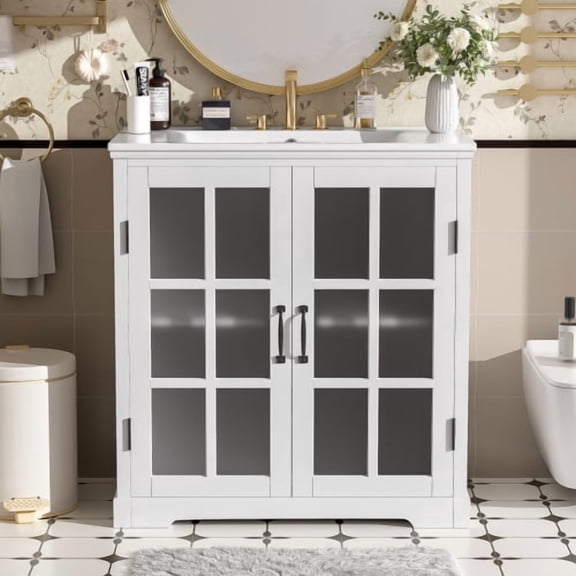 30 Inch Bathroom Vanity with Ceramic Sink, Modern Freestanding Vanity with Adjustable Shelf, Tip-Out Tray, Solid Wood Legs for Small Bathroom Storage, White2