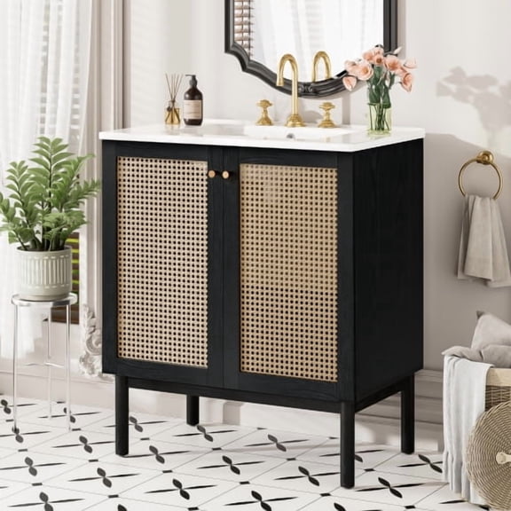 30-Inch Bathroom Vanity with Handmade Rattan Doors, Natural Wood and Bamboo Cabinet, Soft-Close Hinges, Ceramic Basin with Overflow, Space-Saving Modern Free-Standing Vanity, Black Color