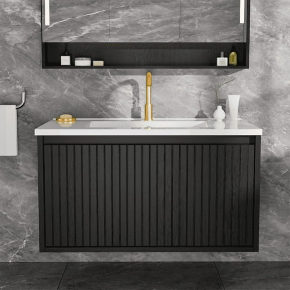 30 Inch Bathroom Vanity, Modern Wall Mounted Floating Cabinet with Ceramic Sink, Fluted Design and Storage Drawers for Bathroom Organization, Black