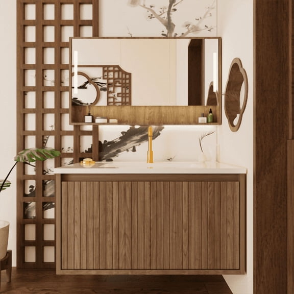 30 Inch Bathroom Vanity, Modern Wall Mounted Floating Cabinet with Ceramic Sink, Fluted Design and Storage Drawers for Bathroom Organization, Walnut