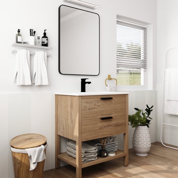 30-Inch Bathroom Vanity Plywood, 2 Drawers, Freestanding Design | Self-Closing Drawers for Bathroom Space Saving | Metal Handles for Long-Term Use | Resolves Handle Breakage and Short Lifespan