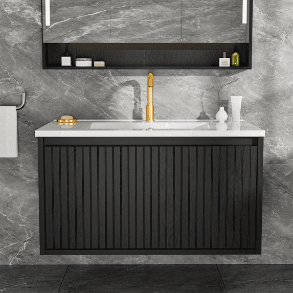 30 Inch Bathroom Vanity with Sink Combo, Floating Bathroom Fluted Vanity with Drawers, Modern Wall Mount Storage Cabinet with Ceramic Integrated Sink, Black