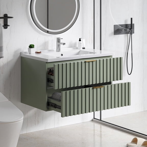 30 Inch Bathroom Vanity with Sink Combo, Floating Bathroom Vanity with 2 Fluted Drawers & Metal Handle, Modern Wall Mount Storage Cabinet with Ceramic Integrated Sink for Small Space (Green)
