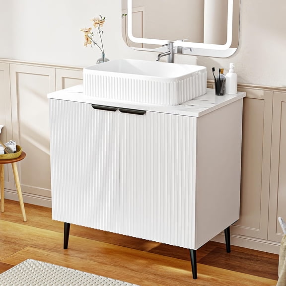 30-Inch Bathroom Vanity with Sink: Easy 30-Min Tool-Free Assembly, Water-Resistant Wave Door Cabinet & Modern Farmhouse Design for Small Bathroom, Apartment (White)