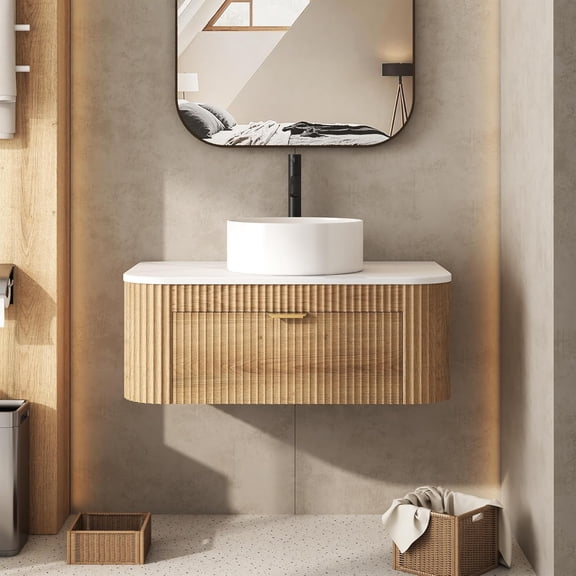 30 Inch Bathroom Vanity with Sink, Floating Vanity with Ceramic Sink Combo, Fluted Bathroom Vanity with Storage Drawer, Modern Wall Mounted Cabinet, Marble Look Wooden Tabletop, Natural Wood Grain