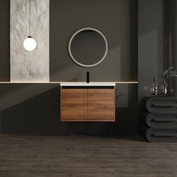 30 Inch Bathroom Vanity with Sink, Floating Wall Mounted Vanity Combo, Oak Brown Bathroom Cabinet with Resin Countertop Sink, 2 Doors Single Sink Vanity Set
