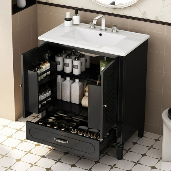 30-Inch Bathroom Vanity with Sink, Vintage Multi-functional Bathroom Sink Cabinet with Soft-Closing Door, Drawer and Storage Shelf, Freestanding Black Bath Vanity