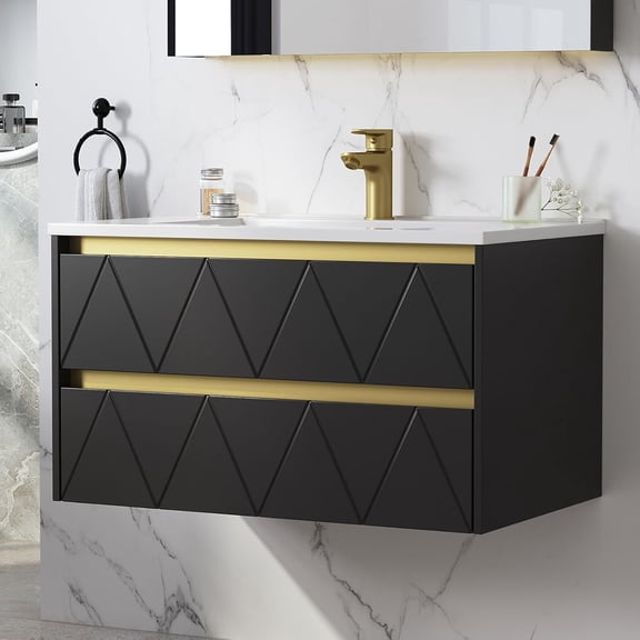 30 Inch Bathroom Vanity with Sink, Wall Mounted Floating Vanity with Modern Stripe Design, Floating Vanity Bathroom with U-Shaped Drawer, 30 Inch Vanity with Sink, Hidden Handle, Black